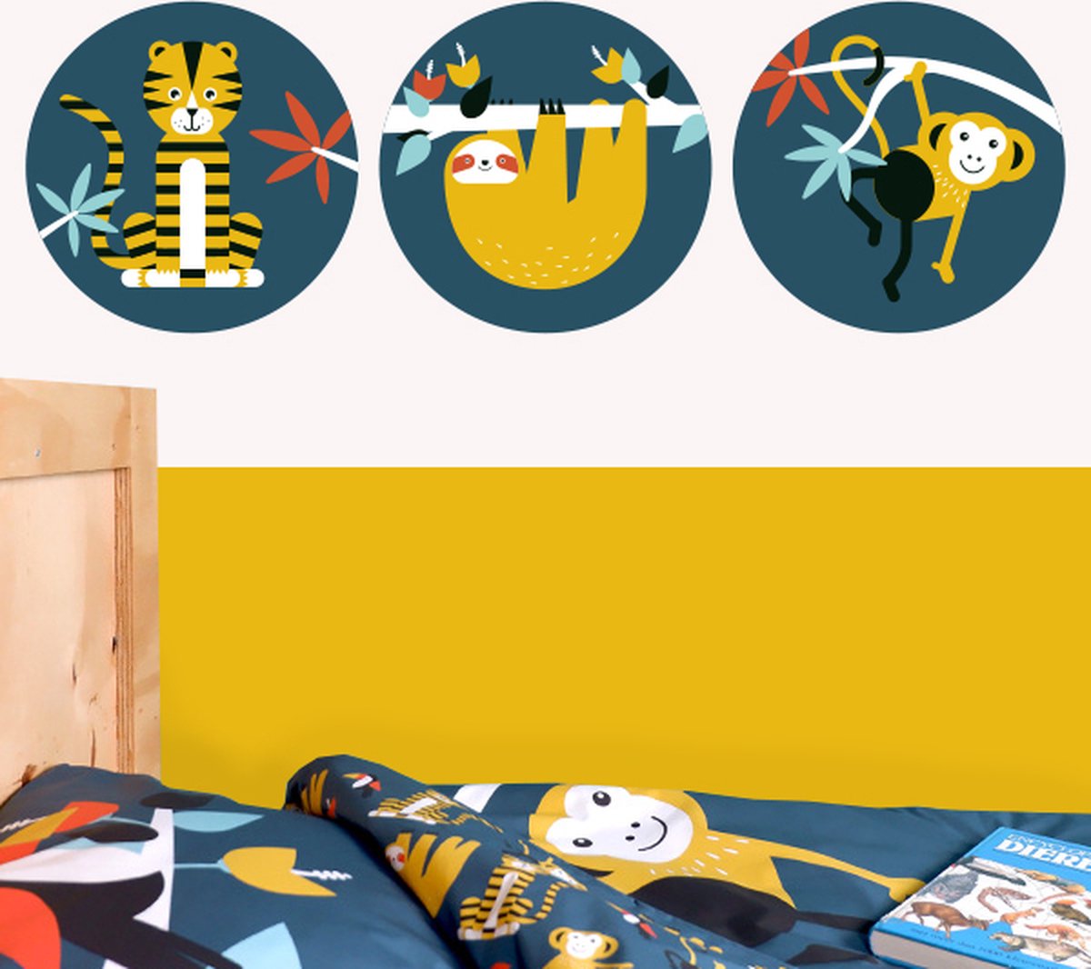 Muurcirkel set Jungle donker blauw 3x 30cm - muursticker – jungle - dieren - junglekamer – tijger – aap – luiaard – jongenskamer – kinderkamer - muurdecoratie - kinderkamerstyling – kinderkameraccessoire