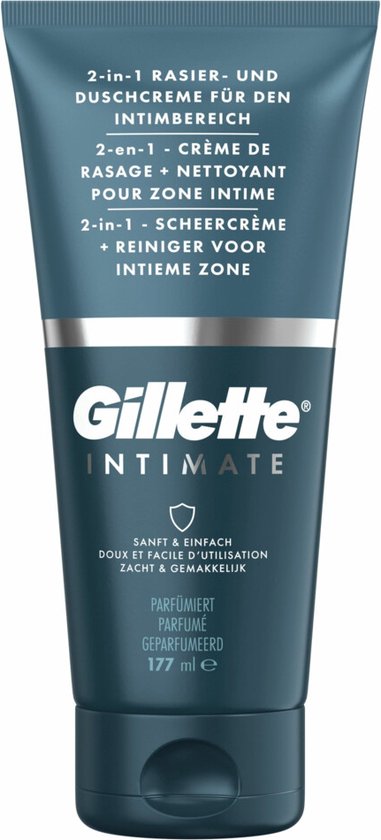 Gillette Intimate 2-in-1 scheer- en douchecrème voor de intieme zone. Tube met productinformatie.