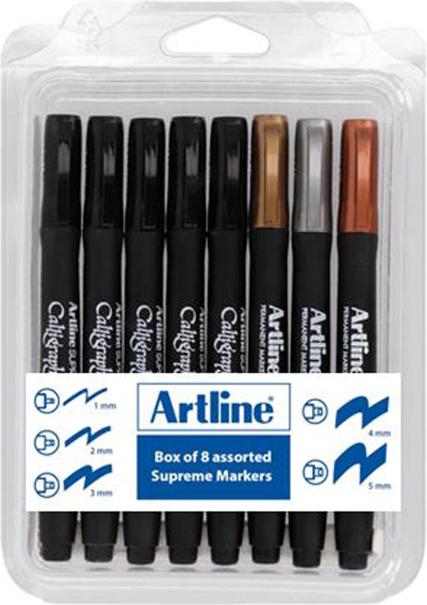 ARTLINE Supreme Kit - 5 Calligraphy Zwart & 3 Metal Markers Goud, Zilver & Brons
