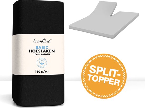 Loom One Hoeslaken Splittopper – 100% Jersey Katoen – 180x200 cm – jusqu'à 12 cm d'épaisseur de matelas – 160 g/m² – Zwart