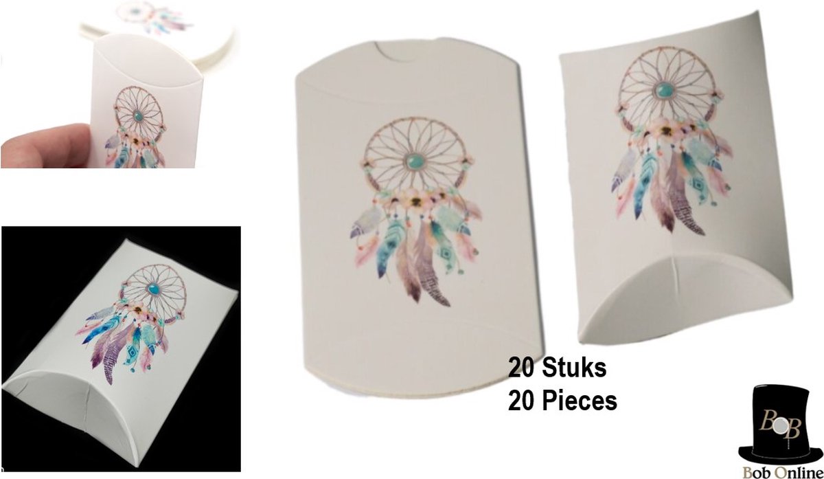 Bob Online™ - 20 Stuks - Dream Catcher Ontwerp - Papier Kussen Vorm Geschenkdoosjes – Ideaal voor Bruiloft, Verjaardagsfeest, Baby Shower, Kerstfeest - Kraftpapier Snoepdoosjes – Milieuvriendelijk en Recyclebaar – Dream Catcher Pillow Gift Packaging