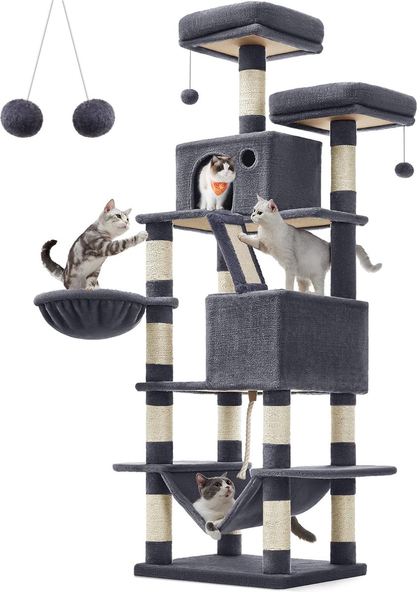Feandrea Krabpaal groot, 168 cm hoog, L kattenboom, met 13 krabzuilen, 2 platforms, 2 holletjes, mand, hangmat, pluche ballen, meerlaagse kattenkrabpaal, rookgrijs