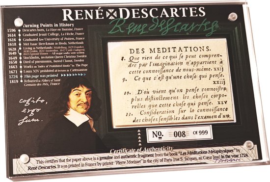 René Descartes - Origineel Authentiek Boek Fragment vd "Les Méditations Métaphysiques" (Meditaties) uit het jaar 1724 - Echt Antiek in stevige Acryl Beschermingscapsule - Turning Points in History - Speciale Gelimiteerde Oplage - Uniek Filosofie Kado