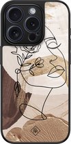 Casimoda® hoesje - Geschikt voor iPhone 15 Pro - Abstract Gezicht Bruin - Luxe Hard Case Zwart - Backcover telefoonhoesje - Bruin/beige