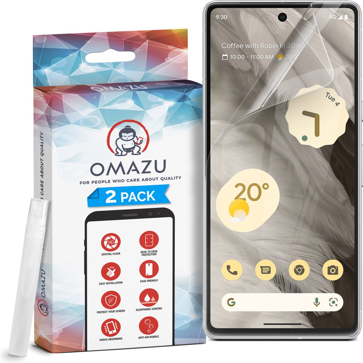 OMAZU 3D Flex TPU Screenprotector. Geschikt voor Google Pixel 8 , 2 Pack (100% vingerafdruk scanner compatible) met kras herstellende coating, Edge to Edge bescherming, Sumo sterke Folie