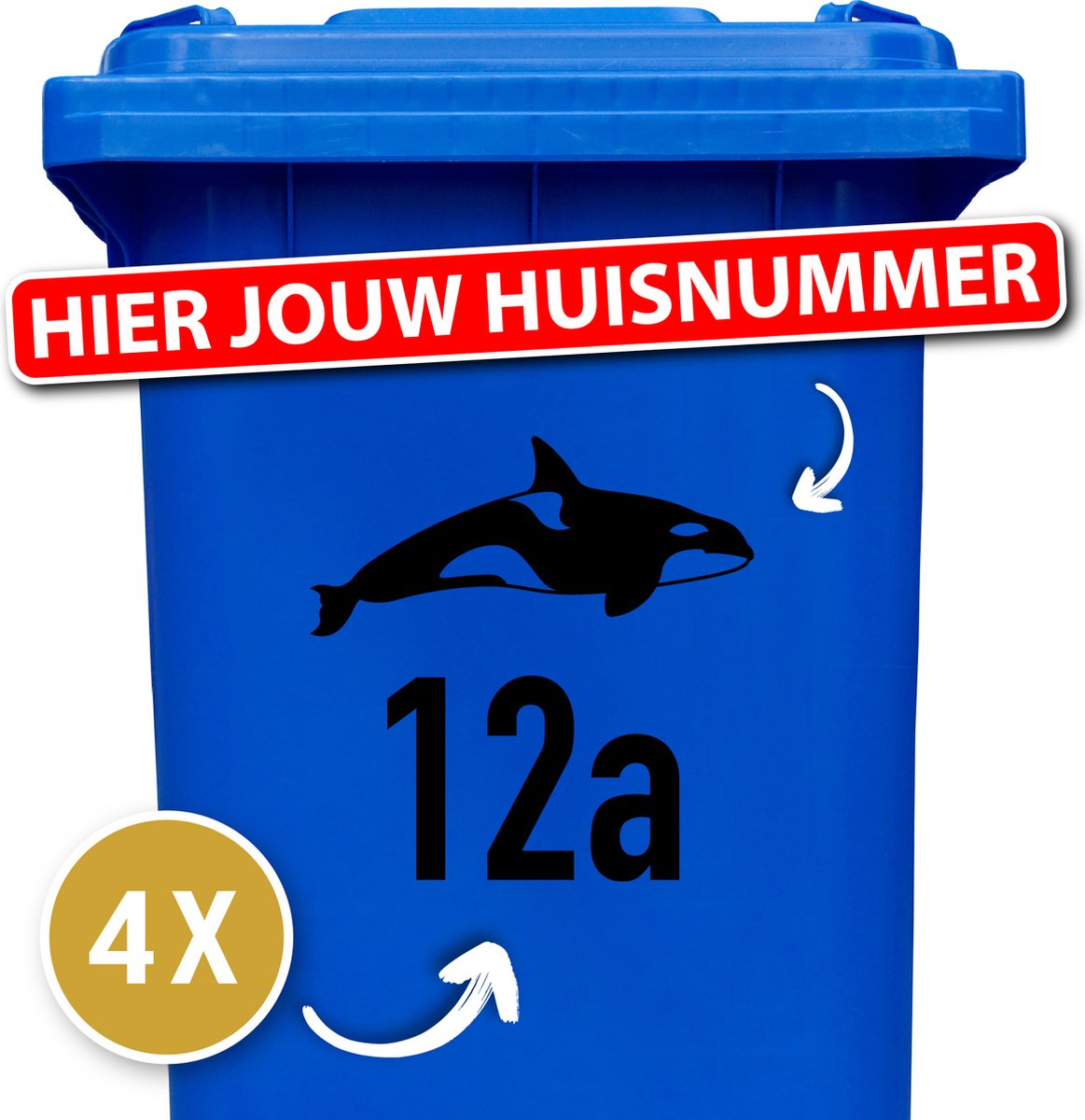 Container Sticker Huisnummer + Orka 4 Stuks - Zwart - 20 x 20 cm - kliko Sticker Voordeelset - Stickers Buiten - Containersticker Huisnummer - klikostickers - Cijfer Sticker - Kliko Sticker Huisnummer - Kliko Sticker Dieren - Brievenbus Sticker