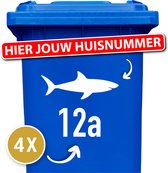 Container Sticker Huisnummer + Haai 4 Stuks - wit - 20 x 20 cm - kliko Sticker Voordeelset - Containerstickers - Weerbestendige Stickers - Stickers Buiten - Cijfer Sticker - Kliko Sticker Huisnummer - Kliko Sticker Dieren