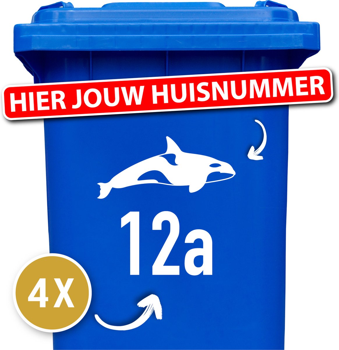 Container Sticker Huisnummer + Orka 4 Stuks - wit - 20 x 20 cm - kliko Sticker Voordeelset - Stickers Buiten - Containersticker Huisnummer - klikostickers - Cijfer Sticker - Kliko Sticker Huisnummer - Kliko Sticker Dieren - Brievenbus Sticker