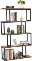Boekenkast, staand rek met 4 niveaus, opbergrek van hout, S-vorm, industrieel design, 74 x 24 x 128 cm, decoratief rek voor planten en boeken, woonkamer, slaapkamer, kantoor, bruin