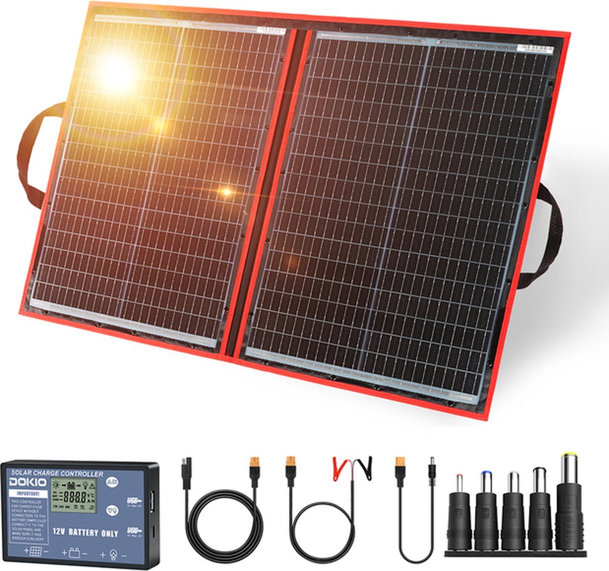 Dokio - Opvouwbare Zonnepaneel set - 100W - Monokristallijn Zonnepaneel - 12V - Zonnepanelen Compleet Pakket Daglichtpaneel - Zonnepaneel camper - Met Omvormer
