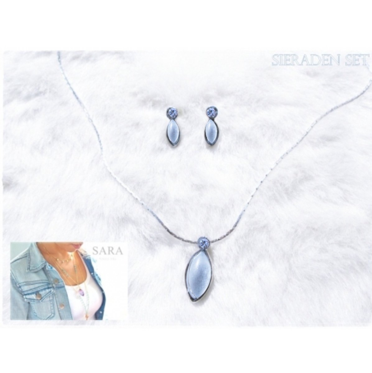 SARA jewelry SET - ketting met hanger + bijpassende oorstekers - licht blauw - 42 + 6 cm ketting - 1,5 x 0,5 cm oorstekers - zilvertone - volwassenen jeugd kinderen- dames meisjes - casual feest bruiloft gala communie