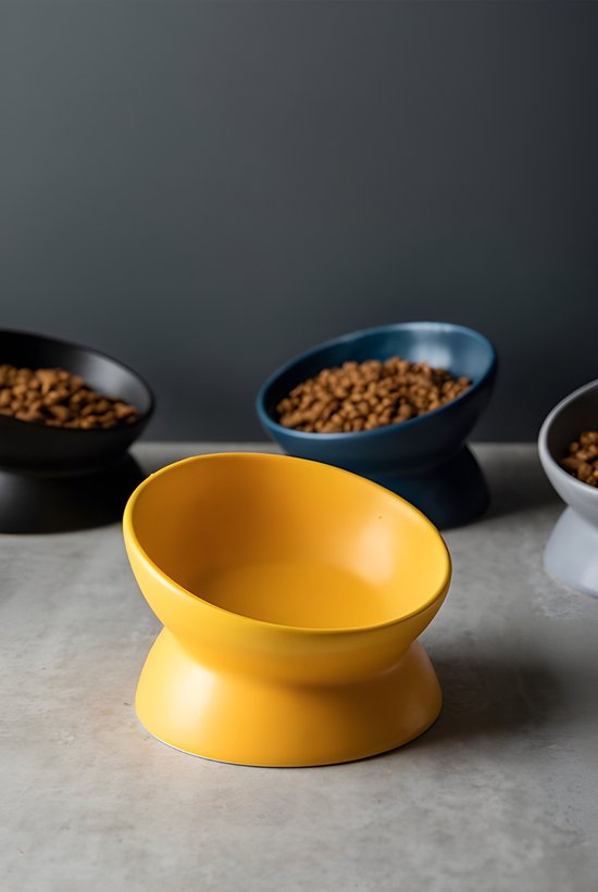 Gamelle jaune en céramique sur pied, remplie de croquettes pour chien.
