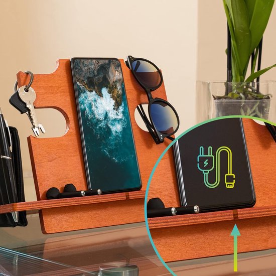 1STKER Dockingstation van hout met sleutelhanger, portemonneestandaard, telefoonlaadstation, nachtkastorganizer voor horloges, pennen, glazen, notitieboek, (verjaardags)cadeaus voor mannen