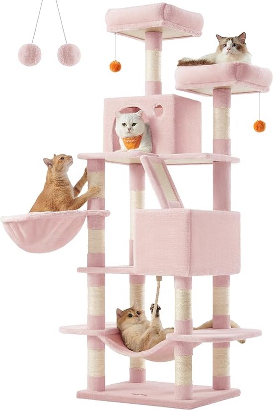 Heybly Krabpaal, 145 cm Hoge Multi-Tier Krabpaal Klimtoren, Uitgerust Met 2 Grote Platforms, 1 Grote Hangmat, Een Kattenmand, Balspeelgoed En Kattennesten, Lichtgrijs HCT016W