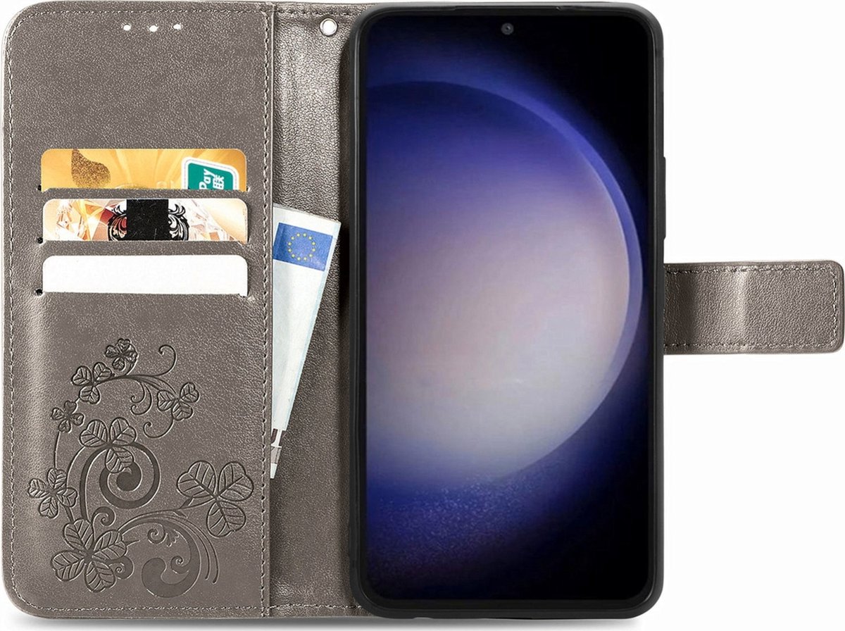 Mobigear Telefoonhoesje geschikt voor Samsung Galaxy S23 FE Hoesje | Mobigear Clover Bookcase Portemonnee | Pasjeshouder voor 3 Pasjes | Telefoonhoesje voor Pinpas / OV Kaart / Rijbewijs - Grijs