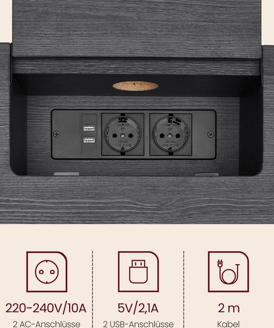 Consoletafel met ingebouwd stopcontact en 2 USB poorten - Stevig zwart