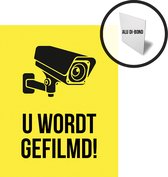 Pictogram/ bord alu di-bond | "U wordt gefilmd!" | 19 x 25 cm | CCTV | Beveiliging | Videobewaking | Camera bewaking | Politie | Diefstal verhinderen | Aluminium | Preventie | Geel | Opvallend | Roesrvrij | Dikte: 3 mm | 1 stuk