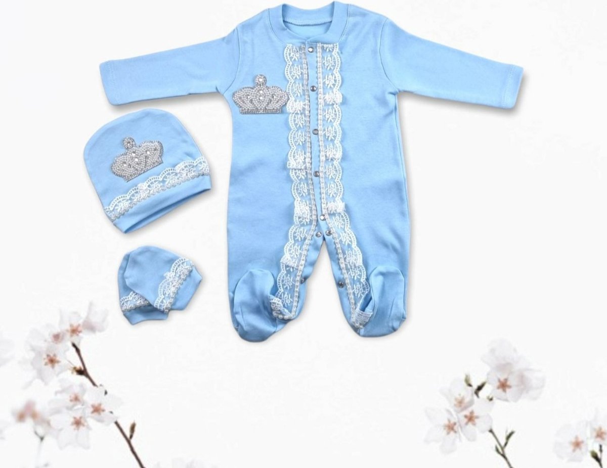 Baby royal boxpakje Diamanten en Parel Kroontje 3-delig - maat 56 - blauw - baby jongen - babykleertjes - Kraamkado