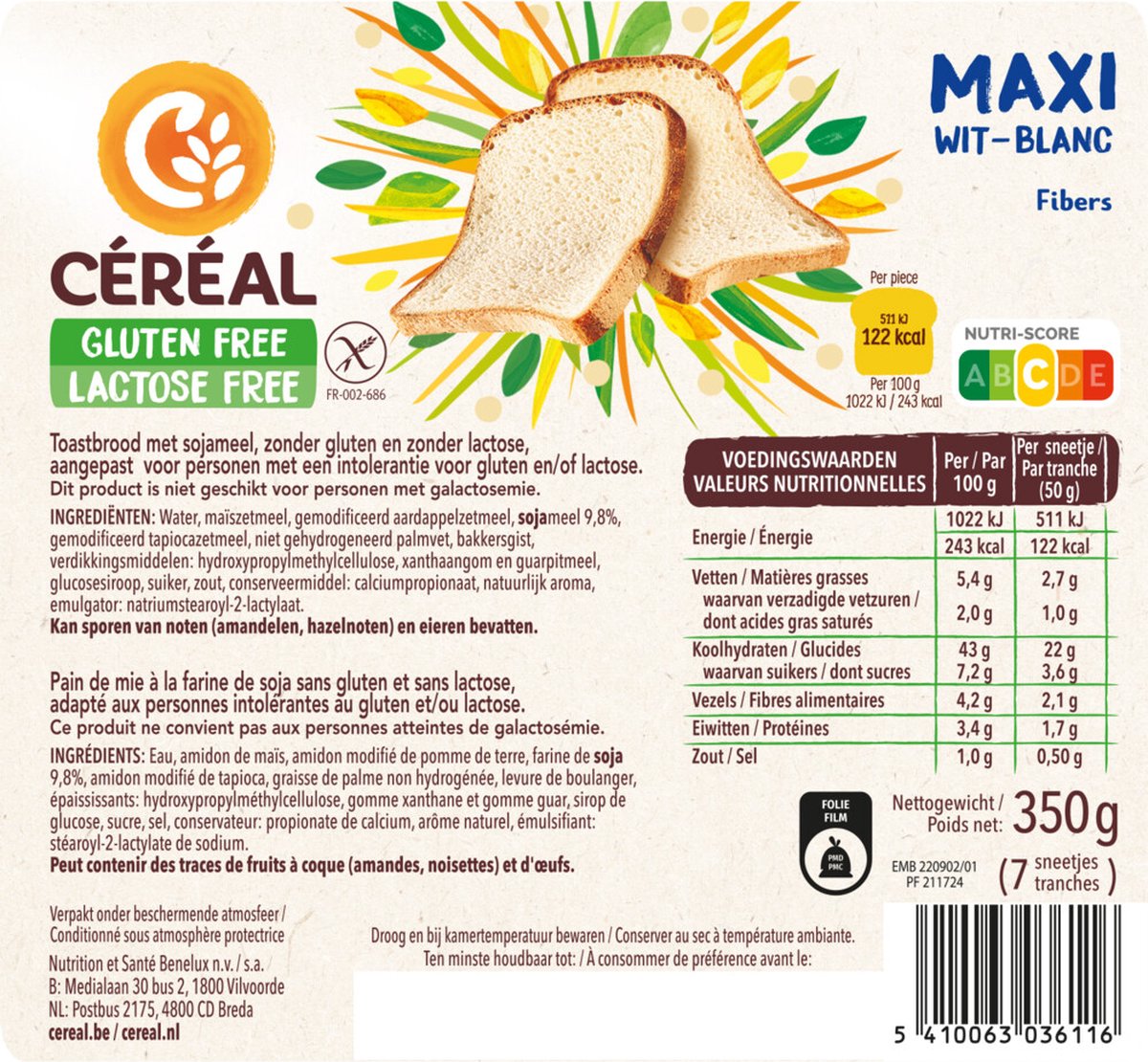 Céréal Maxi Brood Wit Glutenvrij & Lactosevrij - 1 x 350 gr