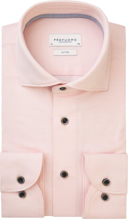 Profuomo slim fit heren overhemd - jersey - roze - Strijkvriendelijk - Boordmaat: 40