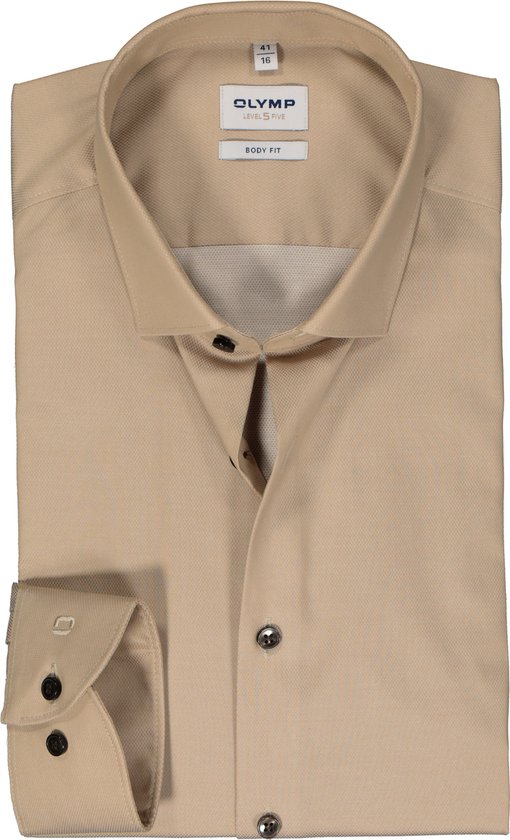 OLYMP Level 5 body fit overhemd - mouwlengte 7 - structuur - beige - Strijkvriendelijk - Boordmaat: 42