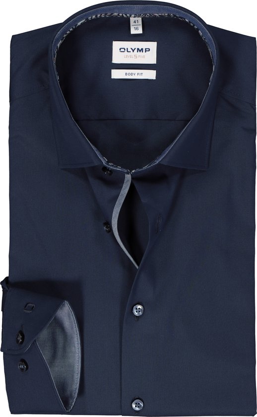 OLYMP Level 5 body fit overhemd - mouwlengte 7 - popeline - donkerblauw - Strijkvriendelijk - Boordmaat: 41