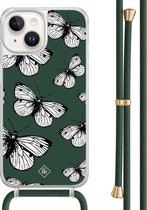 Casimoda® hoesje met groen koord - Geschikt voor iPhone 14 - Vlinders - Afneembaar koord - TPU/acryl - Groen