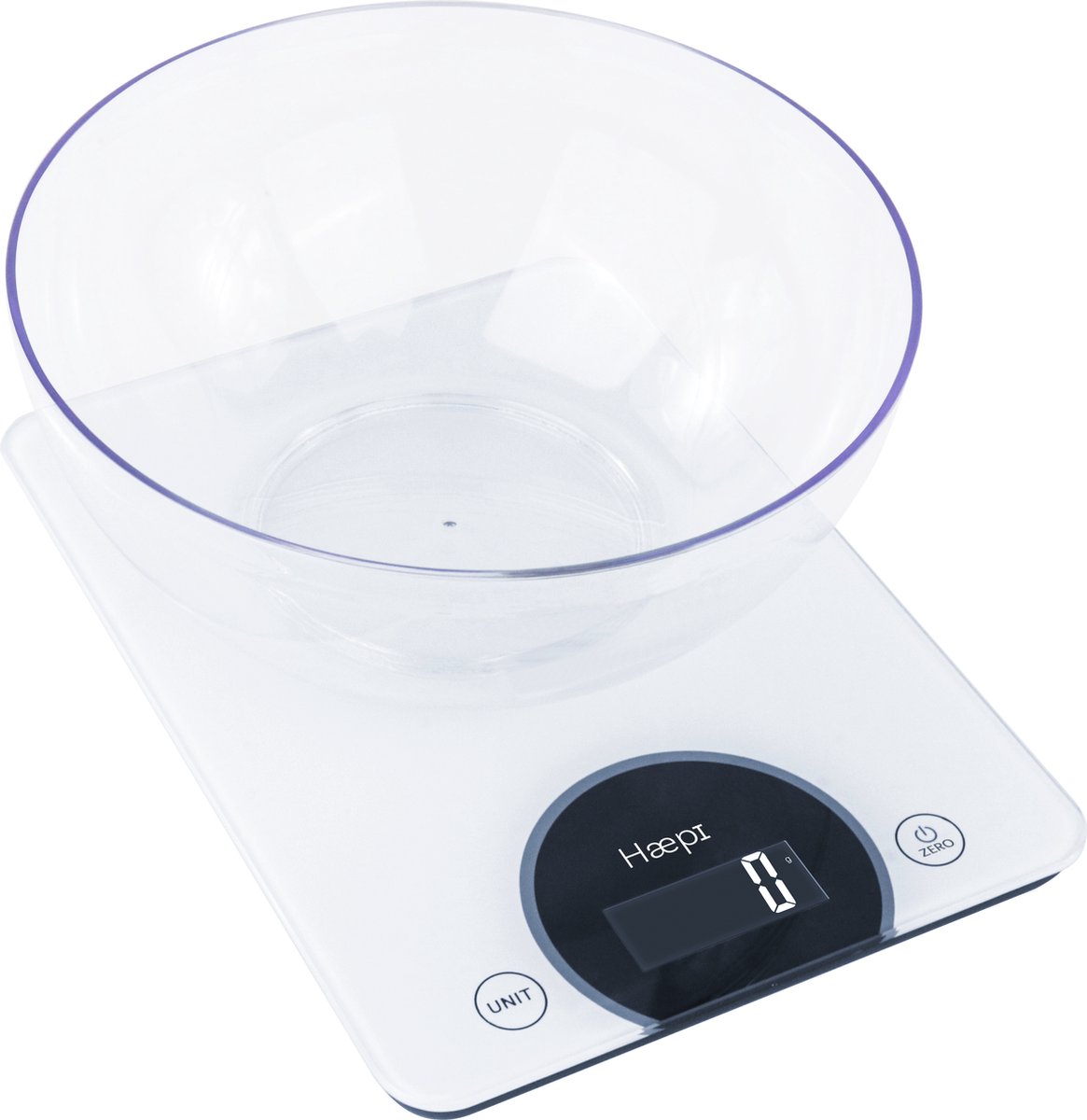 Haepi - Elektronische keukenweegschaal uit gehard glas met hoge capaciteit en precisie 15 kg/1g, tarrafunctie, groot plateau ideaal voor patisserie, inbegrepen kom, batterijen inbegrepen, 15 jaar garantie