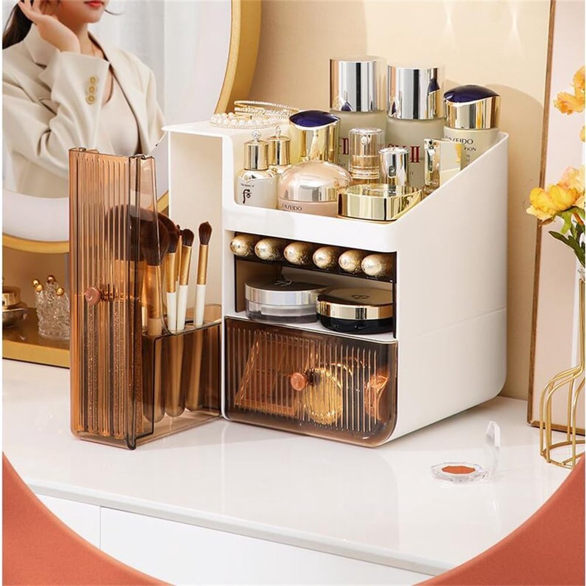 Make-uporganizer met schuifladen lichte luxe make-uporganizer met laden make-upkoffer voor dames met afneembare lippenstifthouder cosmeticabox voor dresser slaapkamer