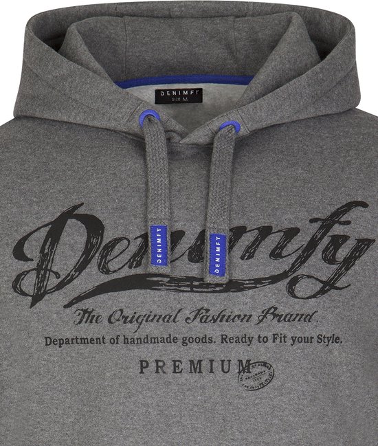 Grijze hoodie van DENIMFY met opdruk 'Denimfy The Original Fashion Brand' en blauwe details.