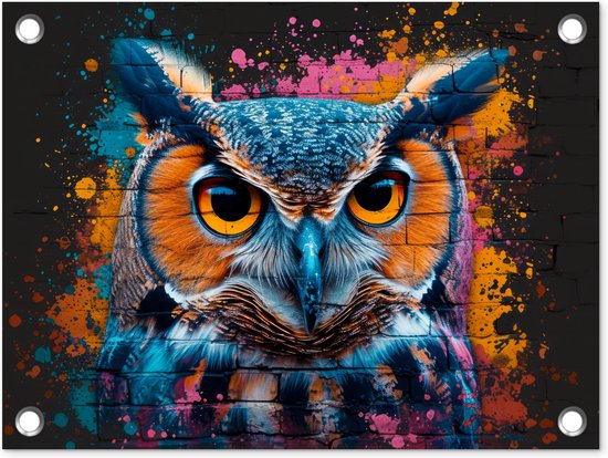 Tuin decoratie Uil - Vogel - Kleurrijk - Graffiti - Art - 40x30 cm - Tuindoek - Buitenposter..