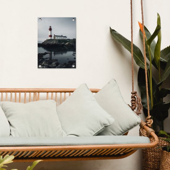 Tuin decoratie Vuurtoren - Zee - Rotsen - Scandinavië - Maritiem - 30x40 cm - Tuindoek - Buitenposter