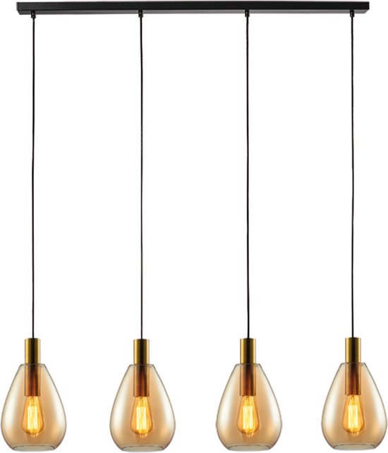 Moderne Hanglamp Dorato | 4 lichts | goud / zwart | glas amber / metaal | Ø 18,5 cm | in hoogte verstelbaar tot 150 cm | eetkamer / eettafel lamp | modern / sfeervol design | lengte van 120 cm