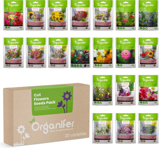 Snijbloemen Zadenpakket - 20 Soorten - Organifer - Geniet Binnen & Buiten van Prachtige Bloemen, Voor Verse & Droge Boeketten, Inclusief Cosmos, Zinnia, Zonnebloemen - Non-GMO, Ideaal voor Tuinliefhebbers & Bloemschikken