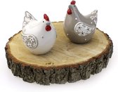 Decoratieve figuur kip zittend 14 cm, van keramiek wit taupe rood landhuisstijl, decoratieve figuur kip kippen voor lente zomer Pasen decoratie