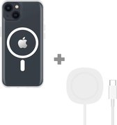 Cazy Magnetisch hoesje + Draadloze Oplader 15W - Geschikt voor iPhone 13 - Flexibele TPU Case - Ultra Dun Design - Transparant + 2 in 1 Magnetische Draadloze Charger Pad 15W - Wit