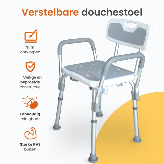 Goliving Verstelbare Douchestoel - Afneembare Arm- en Rugleuning - Douchekruk met Douchekop houder - Antislip - 3.2 kg - Zithoogte 36-51 cm - Wit