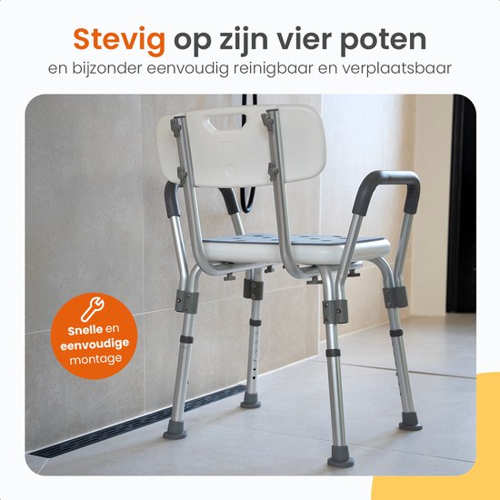Goliving Verstelbare Douchestoel - Afneembare Arm- en Rugleuning - Douchekruk met Douchekop houder - Antislip - 3.2 kg - Zithoogte 36-51 cm - Wit