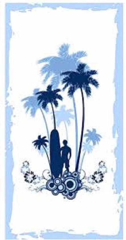 Palmboom Surfplank strandlaken - 140 x 70 cm. - badhanddoek wit met blauw
