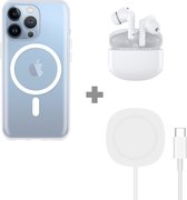 Cazy Soft TPU Hoesje met Magnetische Ring geschikt voor iPhone 13 Pro - Transparant + 2 in 1 Magnetische Draadloze Charger Pad 15W - Wit + Draadloze Oordopjes met Active Noise Cancelling - Wit (met oplaadcase)