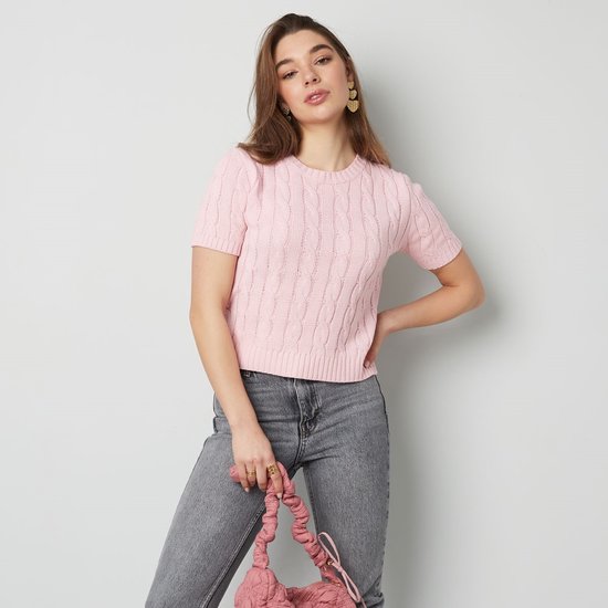 Pull tricoté - torsadé - classique - manches courtes - femme - nieuw - printemps/été - rose - taille S/M