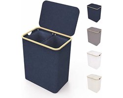 Wasmand 2 vakken wassorteerder - Wasmand 2 vakken met deksel - Wasmand met deksel - Wasverdeler - XXL waszak - 150 l - 57 x 37 x 71 cm - Blauw