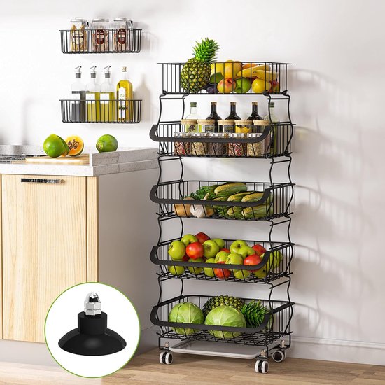 Todeco Groente- en fruitmand met wielen, groenterek voor keuken, 4 Todeco Groente- en fruitmand met wielen, groenterek voor keuken, 4