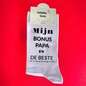 Liefste Bonus papa - Bonus vader - Mijn Bonus Papa is de beste - Hou van je - Verjaardag - Gift - Papa cadeau - Pap -Sokken met tekst - Witte sokken - Cadeau voor man - Kado - Sokken - Verjaardags cadeau voor hem - Vaderdag - LuckyDay Socks - Maat 37