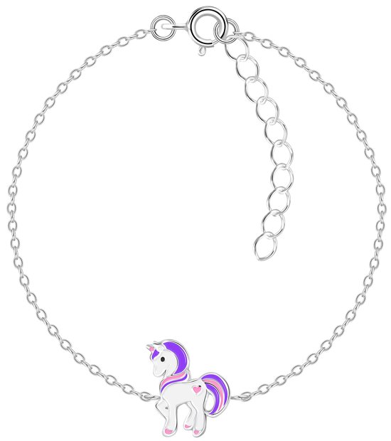 Joy|S - Zilveren eenhoorn armband - pony armband - 14 cm + 3 cm - unicorn paars roze - voor kinderen