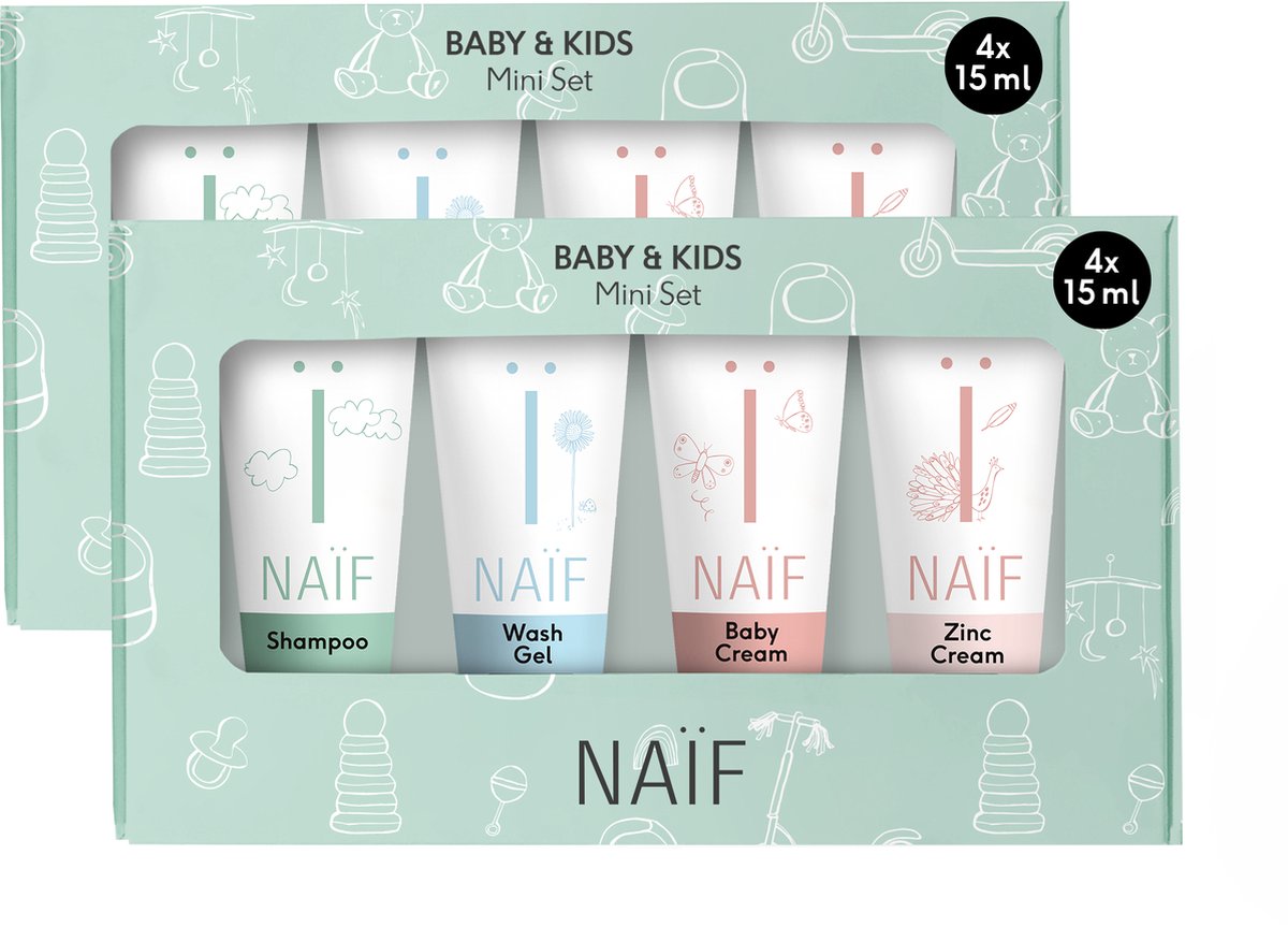 Naïf - Babyverzorging miniset - Voordeelset - Baby's & Kinderen - Wasgel, Shampoo, Baby Crème en Zinkcrème mini’s in cadeauverpakking - met ingrediënten van natuurlijke oorsprong