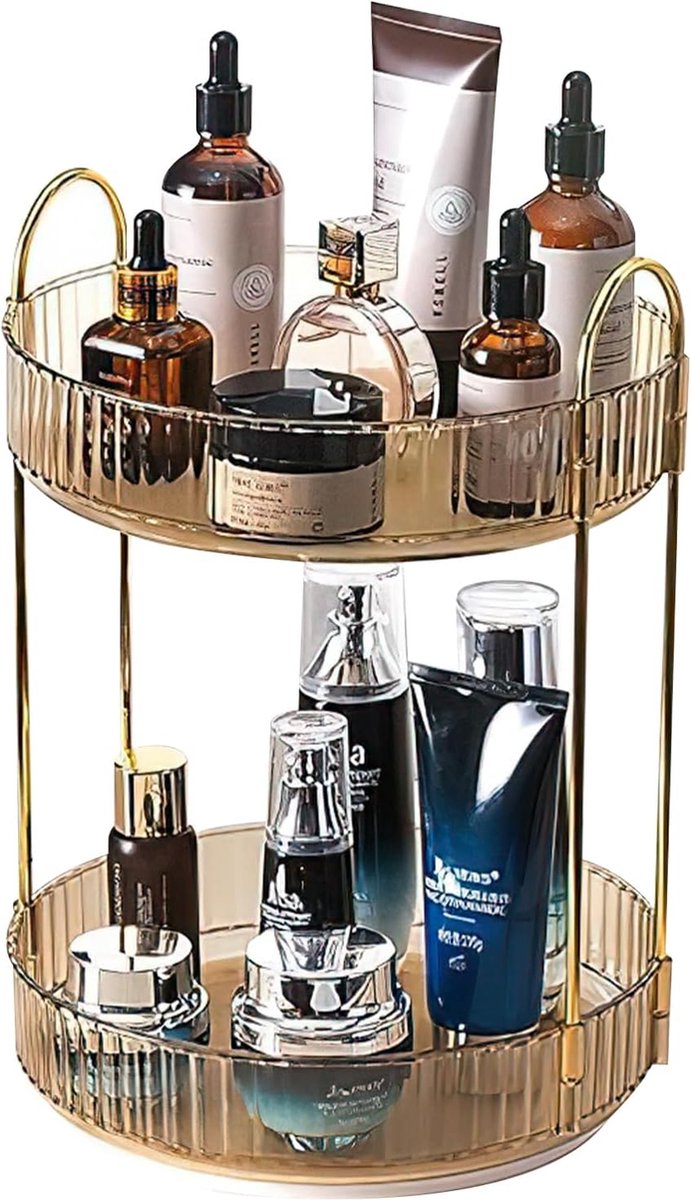 Cosmetische organizer voor make-up, 360° draaibare opberger, make-up organizer voor dressoir, kaptafel, opbergsysteem voor huidverzorging, 2 lagen, amber