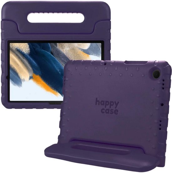 Paarse Happy Case tablethoes voor Samsung Galaxy Tab A8, weergave van de voorkant met standaard en de achterkant met reliëf.