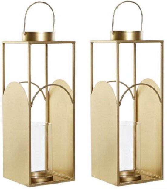 Set van 2x stuks metalen kaarsenhouders / lantaarns goud met glas 45 cm - Waxinelichtjeshouder - Windlicht