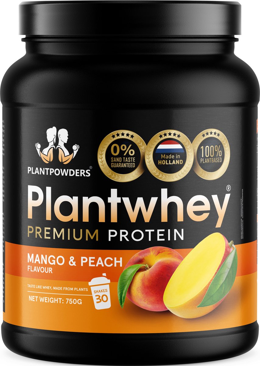 Goedkoopste Plantpowders - Plantwhey® - S'Werelds Eerste Plantaardige Eiwitshake Zonder Zandsmaak! - Lactosevrij - Proteïne Poeder - Eiwitpoeder - Vegan Proteïne Shake - Mango/Perzik - 750 gram (30 shakes